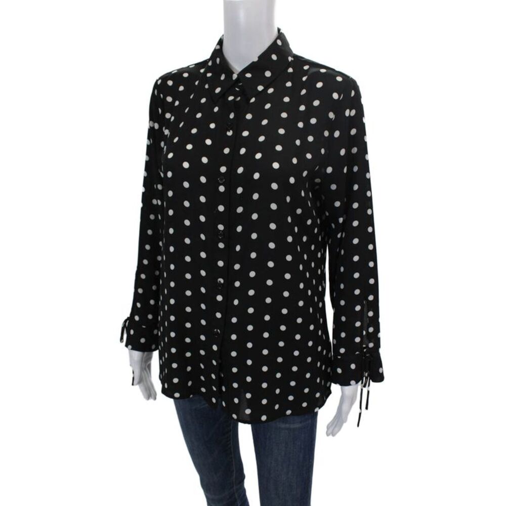 Vince Camuto Womens Collared Wrist Tie Poka Dot Buttoned Blouse Black Size S - Picture 2 of 5